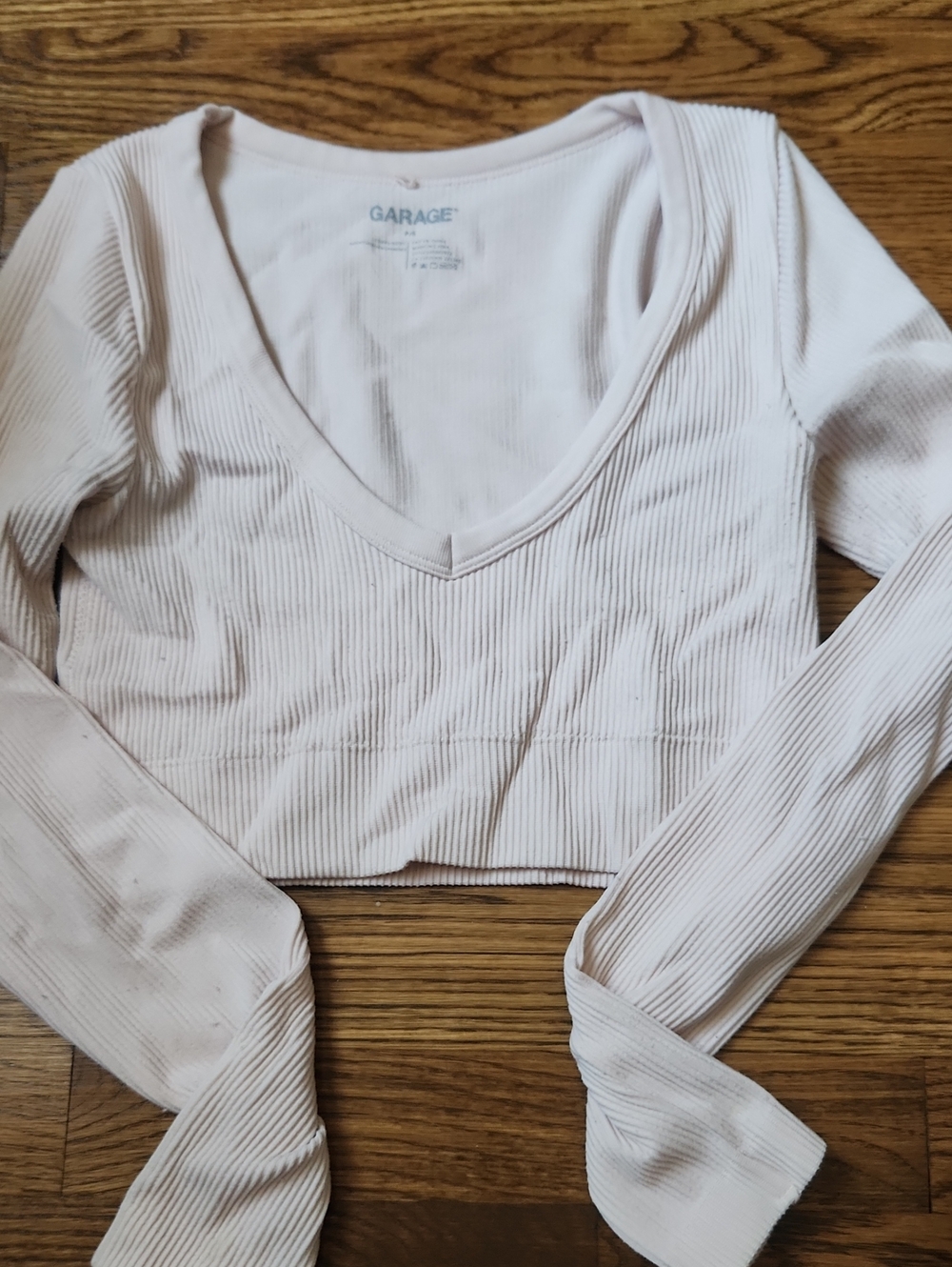 Garage Light Blush Ribbed V-Neck Long Sleeve Crop Top